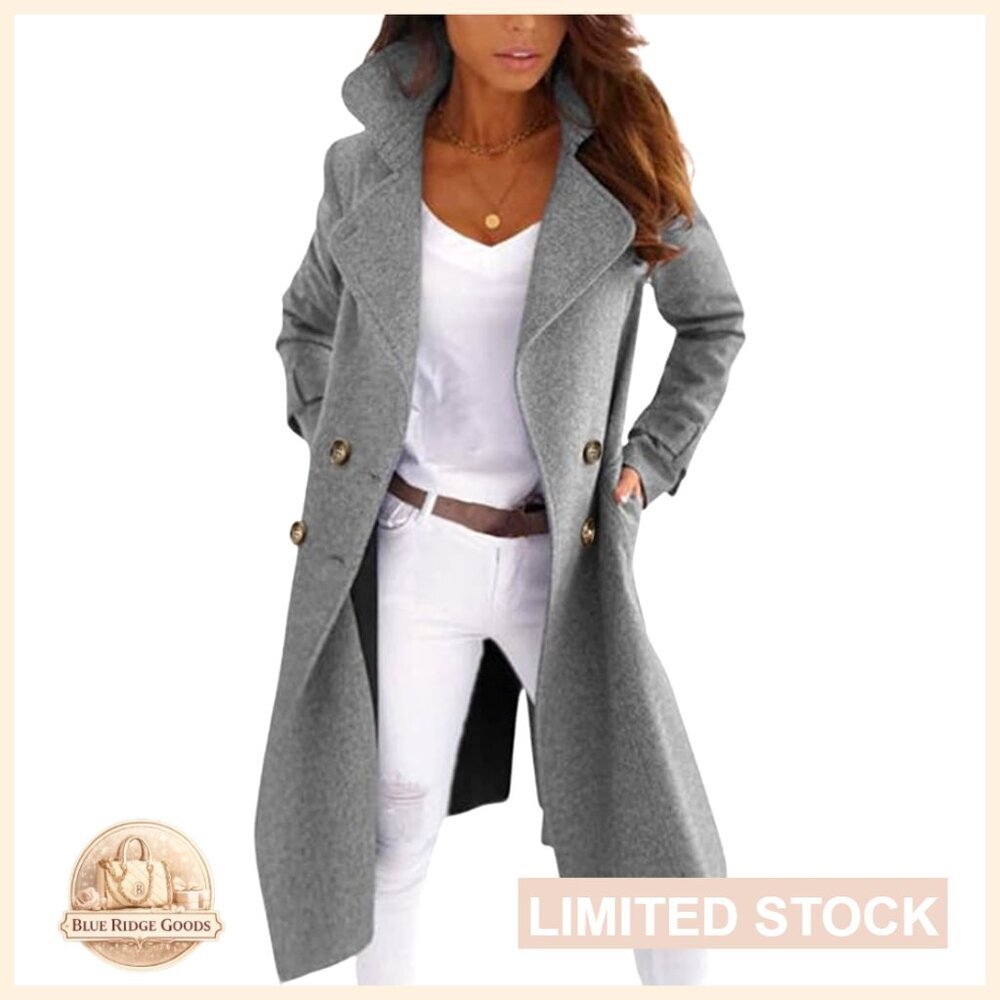 Elegant Double Breasted Wool Blend Pea Coat Long Trench Style Overcoat